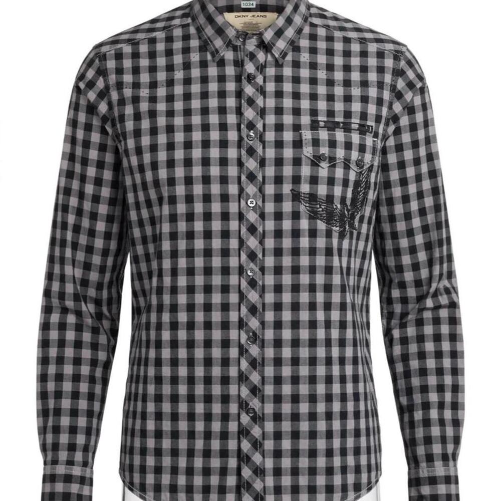 DKNY Jeans Shirt Mens L Black Gray Gingham Check Long Sleeve Button Up